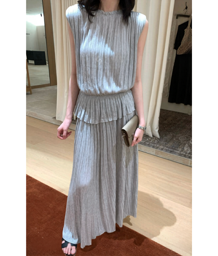 LPL60601 韓國 PLASTIC 壓褶無袖上衣長裙套裝｜韓系輕熟百褶兩件套 Pleated Skirt Set