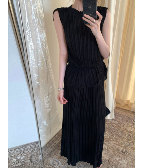 LPL60601 韓國 PLASTIC 壓褶無袖上衣長裙套裝｜韓系輕熟百褶兩件套 Pleated Skirt Set