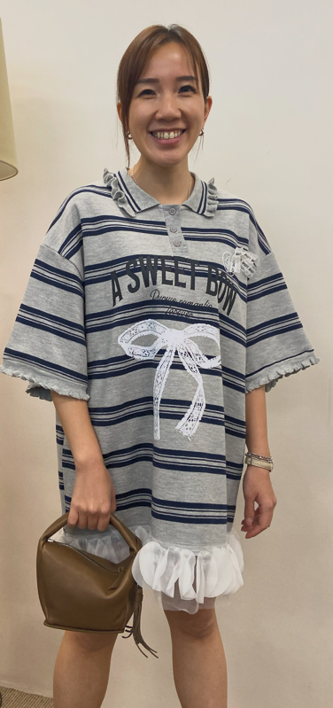 韓國SLINE蝴蝶結蕾絲條紋Polo連身裙 | 網紗拼接寬鬆短袖T恤裙 Korean Stripe Dress
