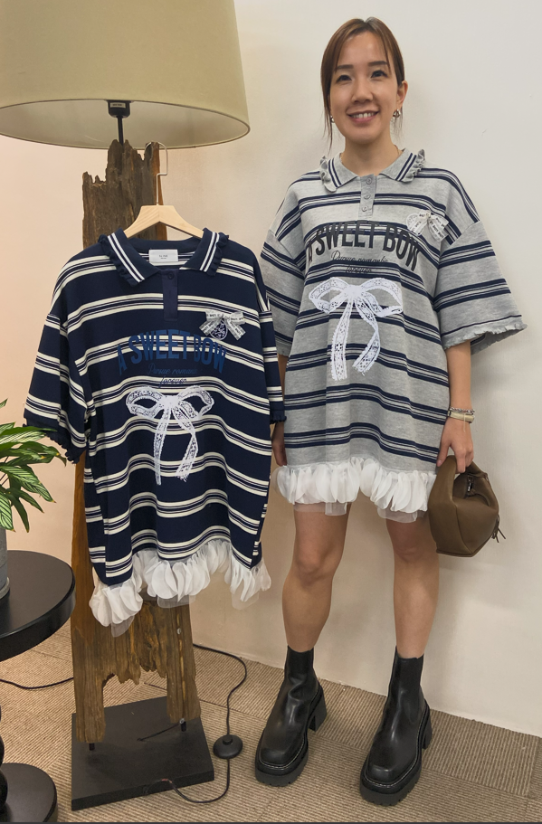 韓國SLINE蝴蝶結蕾絲條紋Polo連身裙 | 網紗拼接寬鬆短袖T恤裙 Korean Stripe Dress