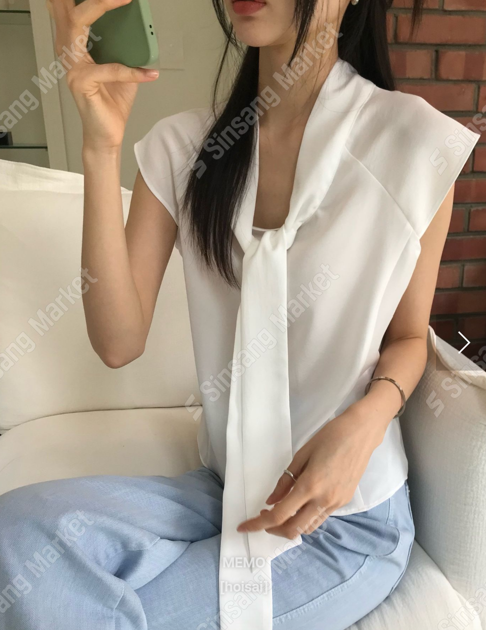 韓國MEMO飄帶領巾無袖上衣 | 法式V領寬肩背心 Korean Sleeveless Tie-Neck Top