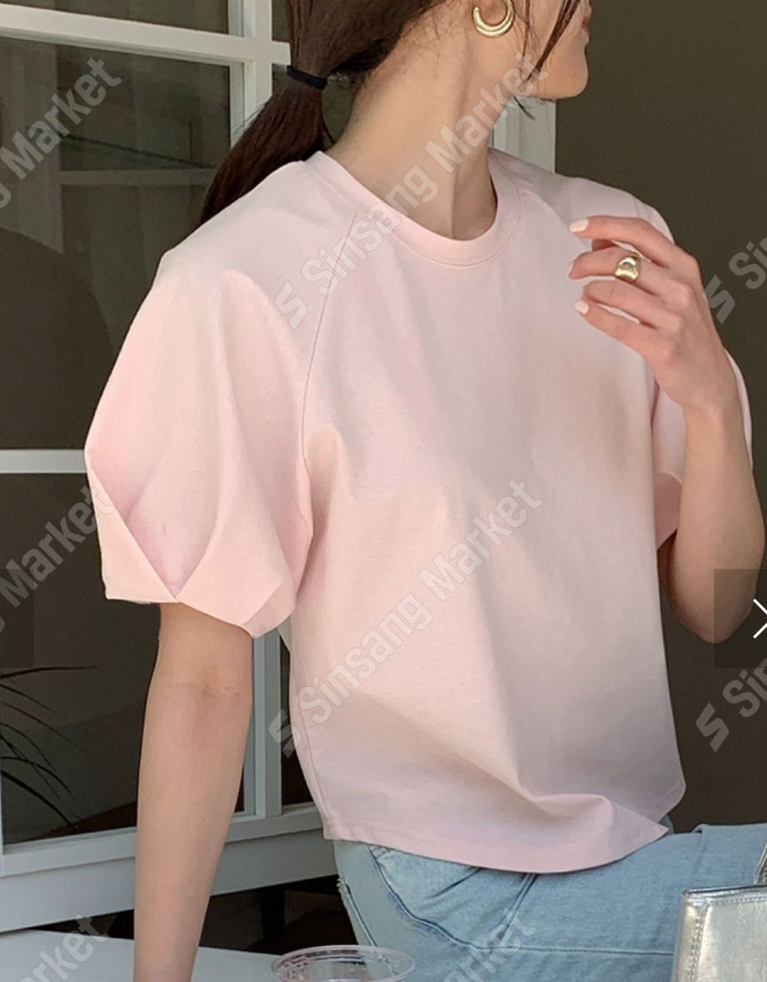 韓國BANANA3435泡泡袖棉質短袖上衣 | 寬鬆圓領蓬袖T恤 Korean Puff Sleeve Cotton Top