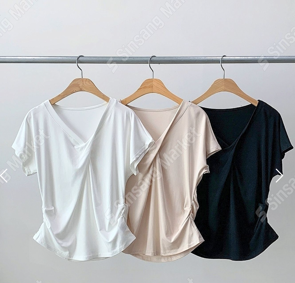 韓國BANANA3435深V領抽繩短袖T恤 | 慵懶寬鬆棉質上衣 Korean V-Neck Casual Tee
