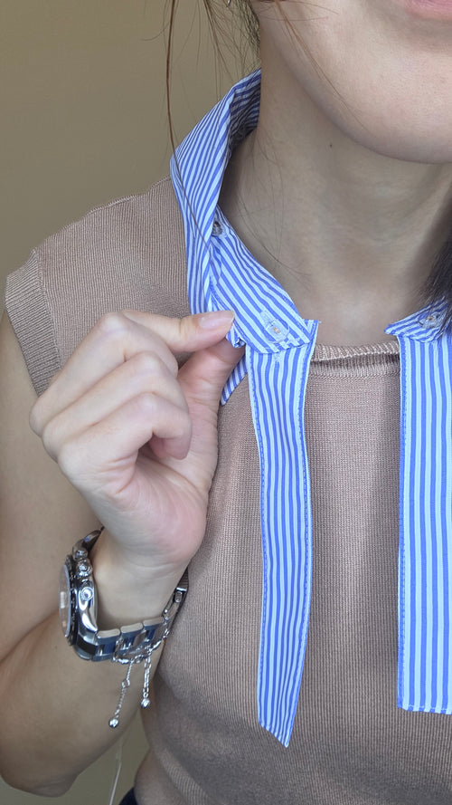 LS60605韓國條紋恤衫領綁帶無袖針織上衣｜韓系輕熟 Knit Top Korean Striped Collar Sleeveless Knit Top