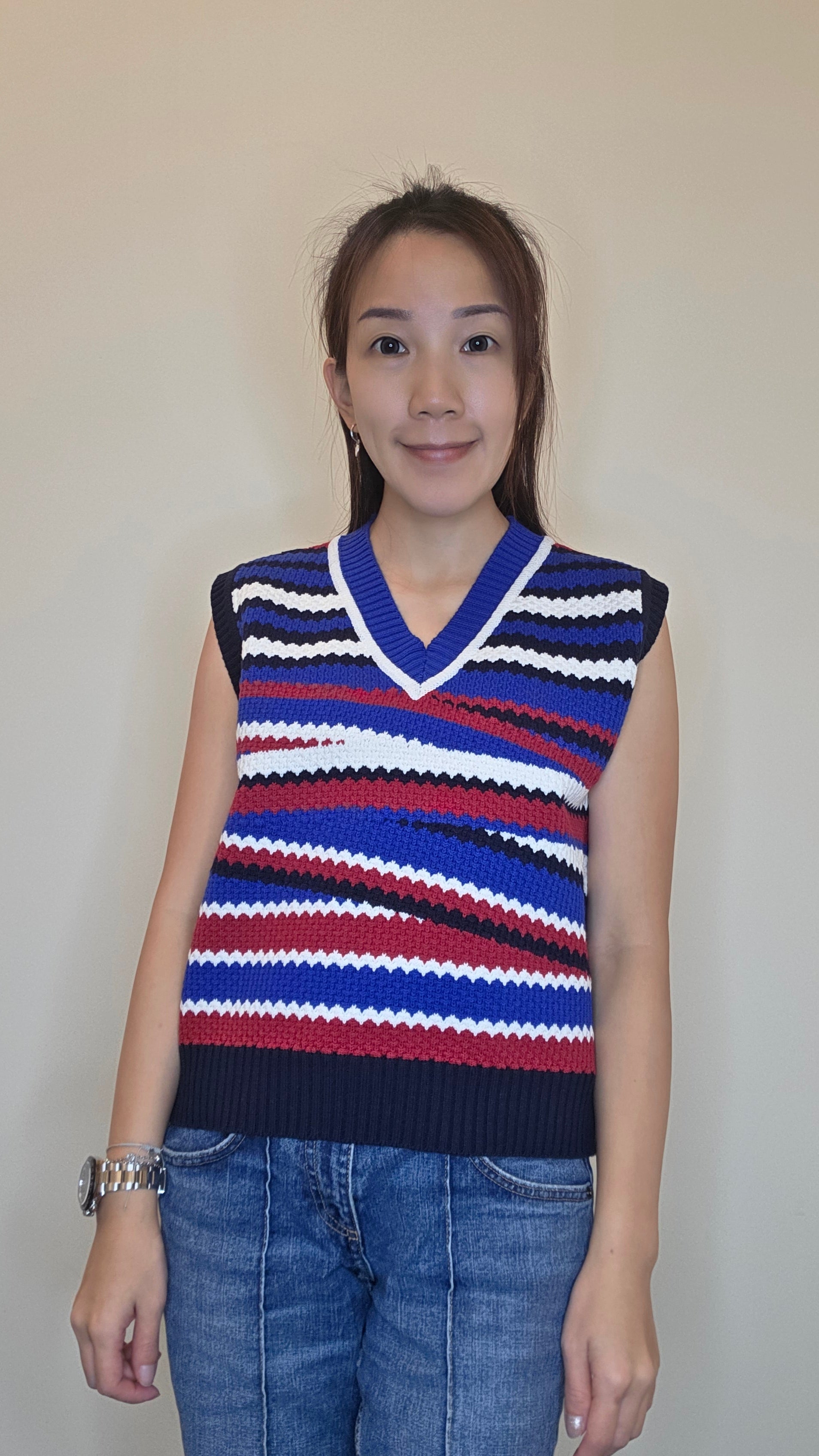 LS60601 韓國復古條紋 V 領針織背心｜韓系撞色無袖 Knit Vest Korean Striped Knit Vest