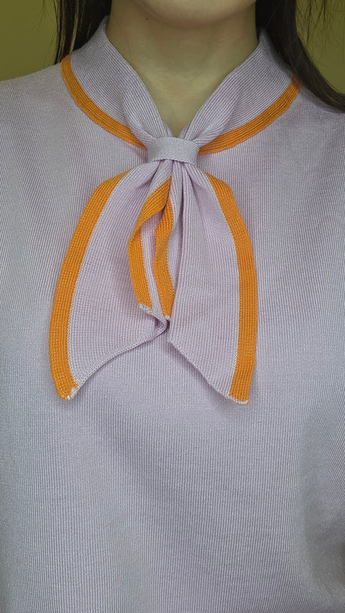 LS60608 韓國撞色蝴蝶結領短袖針織上衣｜甜美知性 Knit Top