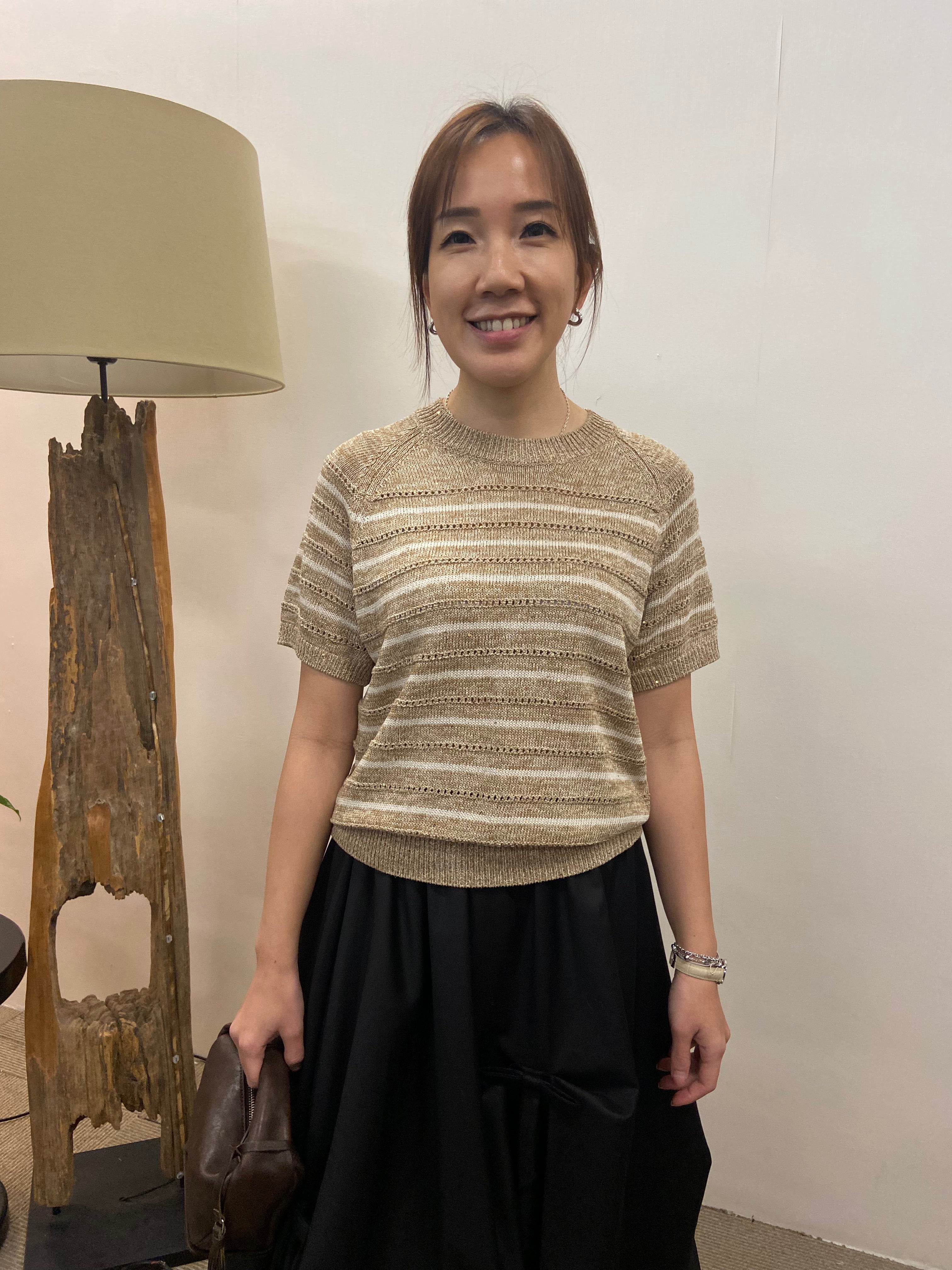 韓國COCOLOVE混色條紋鏤空短袖針織衫 | 圓領透氣薄針織上衣 Korean Knit Top