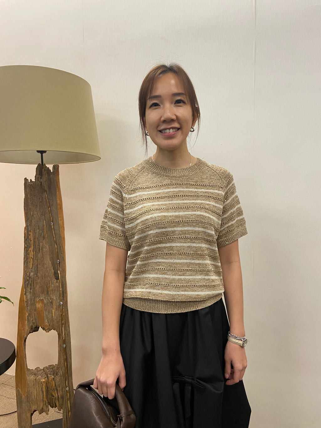 韓國COCOLOVE混色條紋鏤空短袖針織衫 | 圓領透氣薄針織上衣 Korean Knit Top