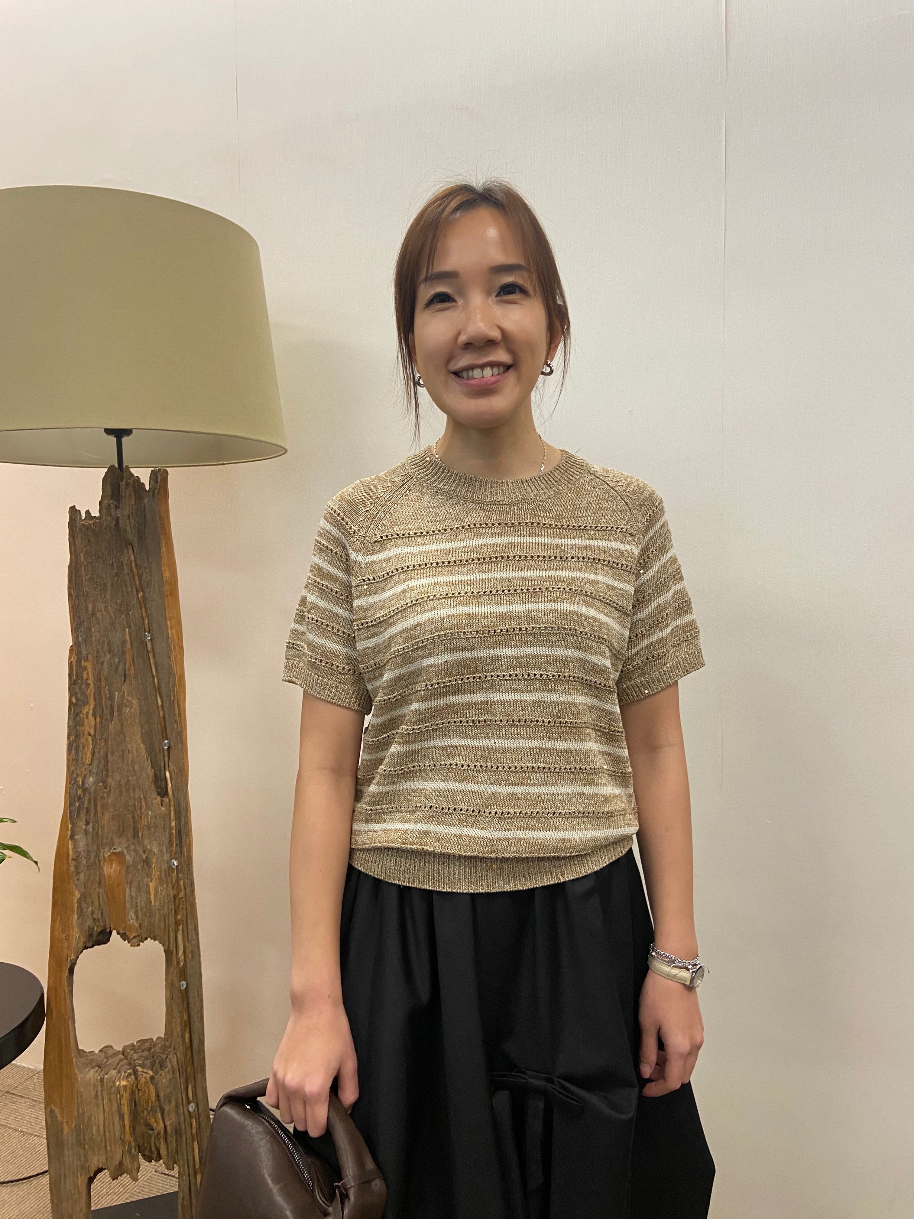 韓國COCOLOVE混色條紋鏤空短袖針織衫 | 圓領透氣薄針織上衣 Korean Knit Top