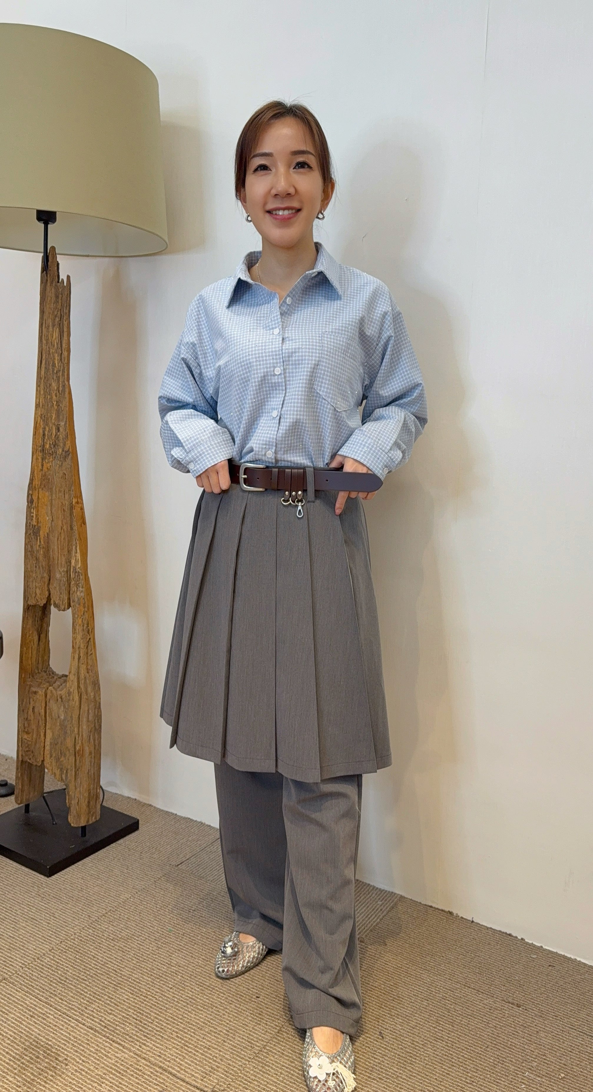韓國J CRANE百褶裙拼接直筒褲 | 不對稱裙褲二合一 Korean Pleated Skirt Pants