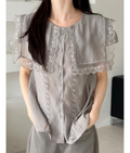 LOG60601 韓國 FLAT_OGI 蕾絲領拼接短袖上衣｜韓系優雅鈕扣恤衫 Lace Collar Blouse