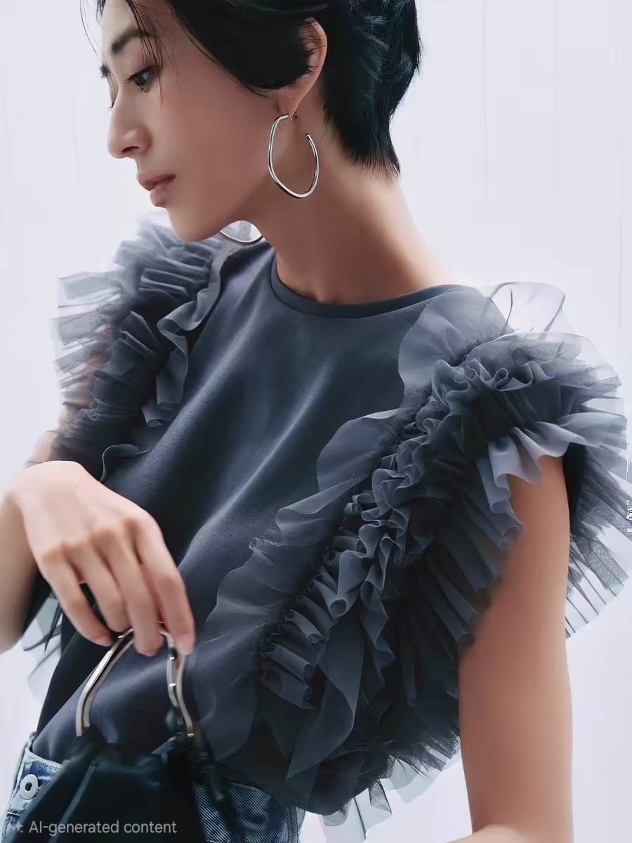 韓國立體荷葉薄紗拼接無袖上衣｜韓系氣質 Ruffle Tulle Top