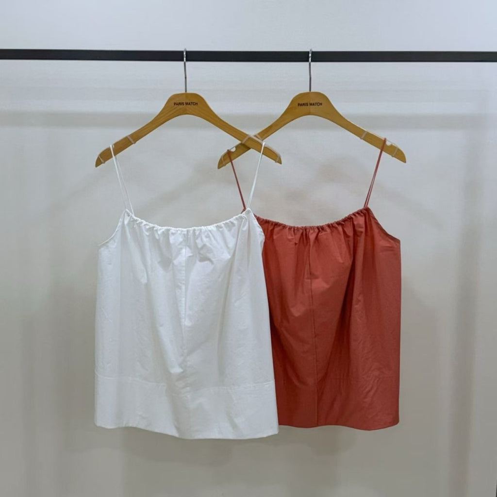 Paris Match法式抽皺細肩帶上衣 | 韓系寬版吊帶背心 Korean Ruched Cami Top