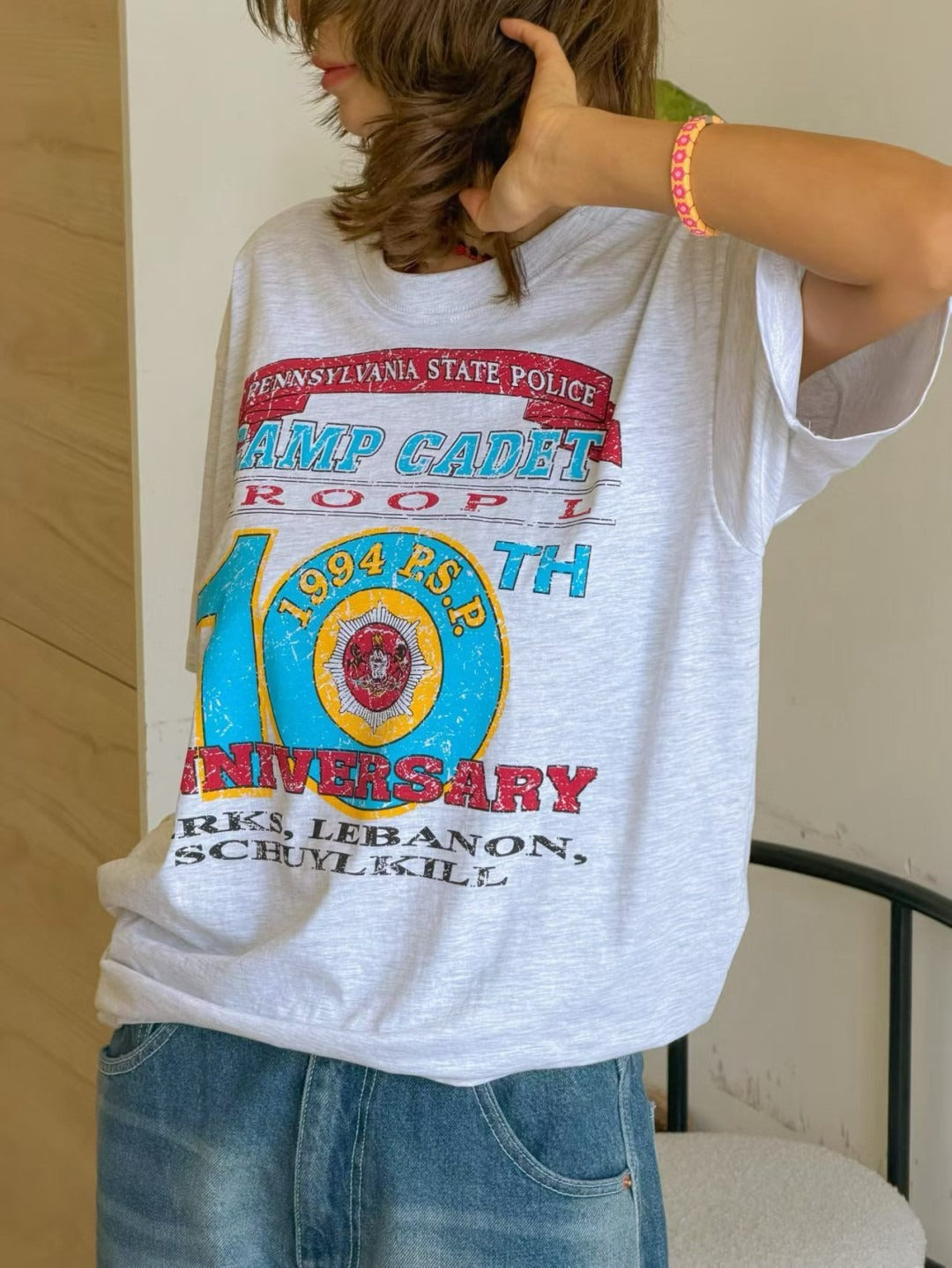 韓國PARIS MATCH復古美式印花寬鬆T恤 | 警隊紀念圖案短袖上衣 Oversized Vintage Graphic Tee