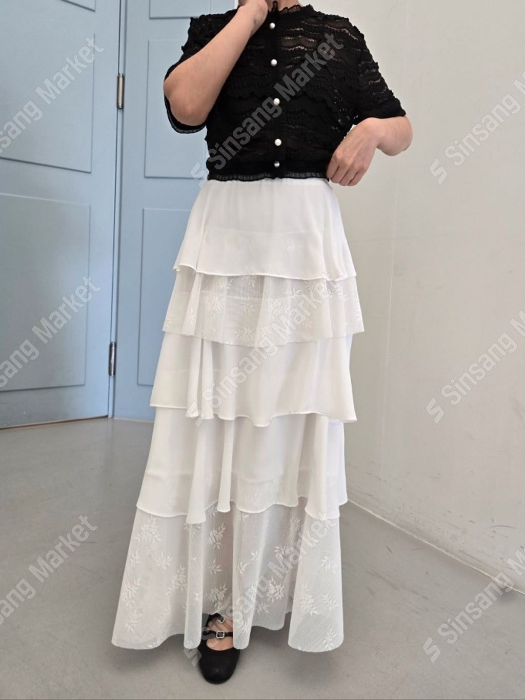 韓國CORNER302多層荷葉邊蕾絲長裙 | 法式蛋糕裙高腰半身裙 Korean Tiered Ruffle Lace Skirt