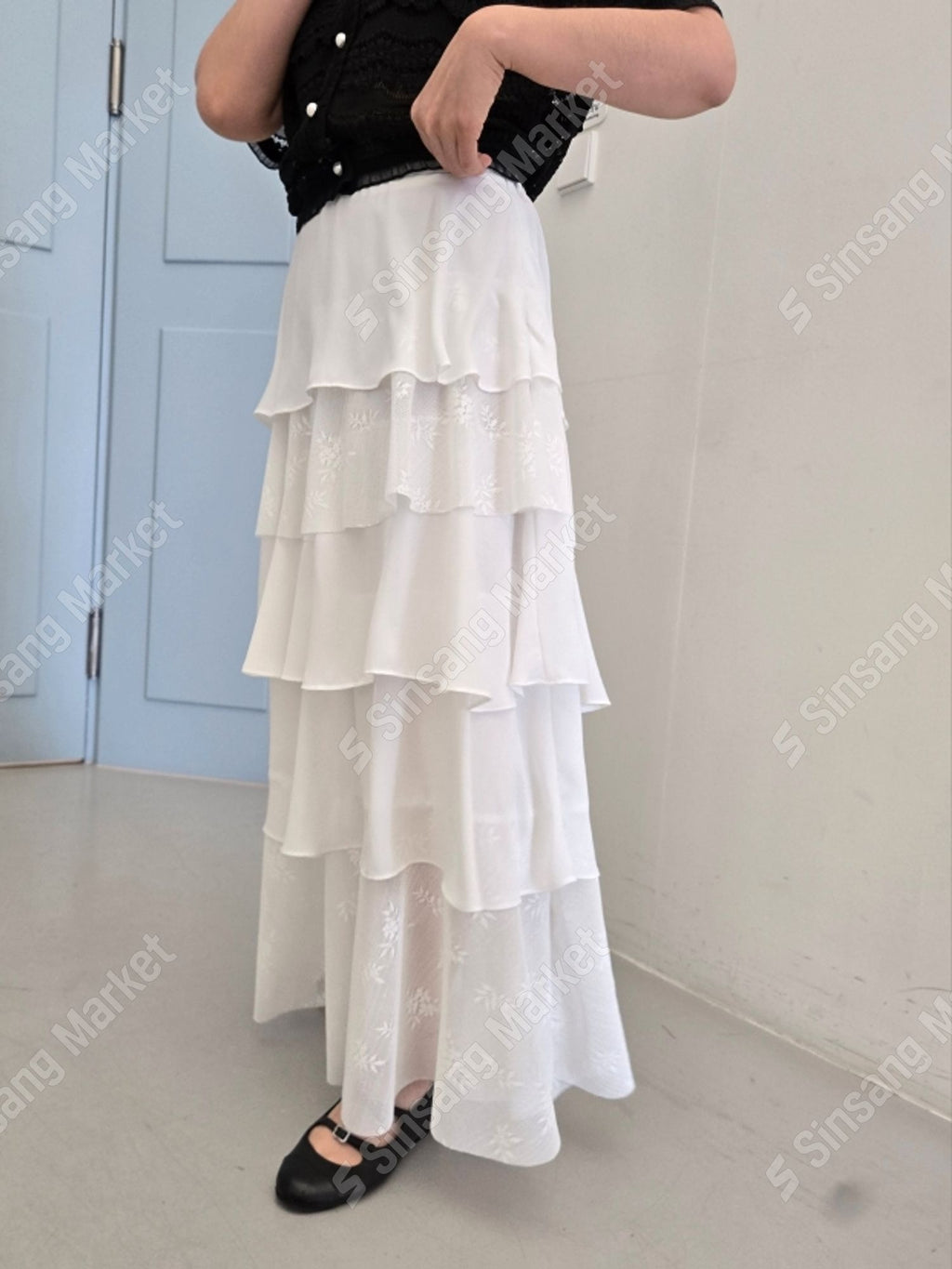 韓國CORNER302多層荷葉邊蕾絲長裙 | 法式蛋糕裙高腰半身裙 Korean Tiered Ruffle Lace Skirt