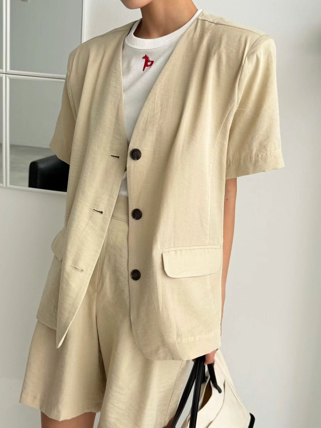 韓國MARIE MARIE棉麻西裝短褲 | 高腰寬鬆百搭休閒五分褲 Korean Linen Blend Tailored Shorts