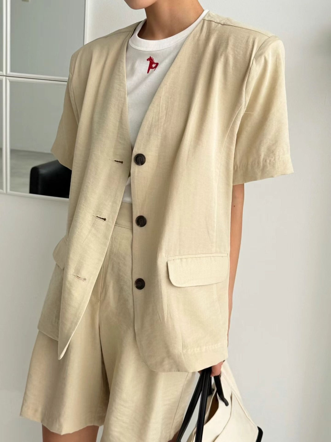 韓國MARIE MARIE棉麻西裝短褲 | 高腰寬鬆百搭休閒五分褲 Korean Linen Blend Tailored Shorts