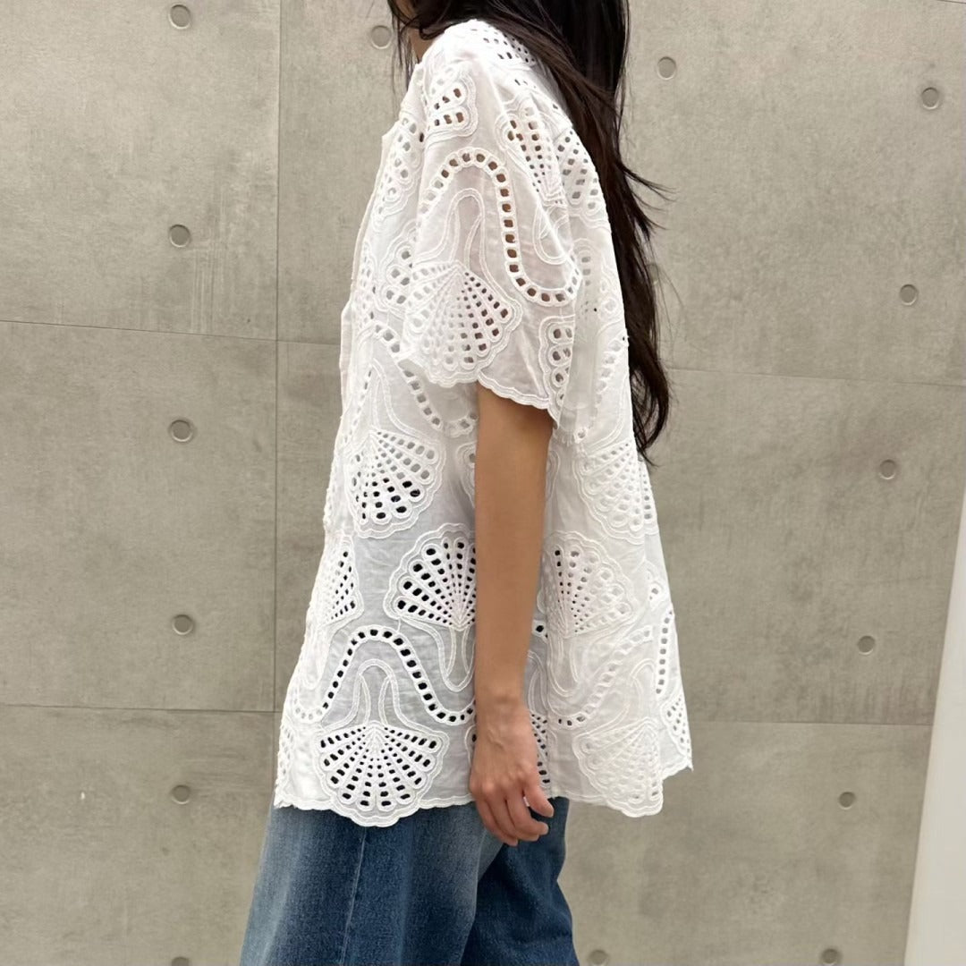 韓國白色鏤空刺繡短袖襯衫 | 貝殼圖案蕾絲薄外套 Korean Eyelet Cutwork Shirt