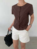 韓國 MOI 圓領排扣短袖上衣｜韓系俐落修身 Blouse Korean Button Front Top