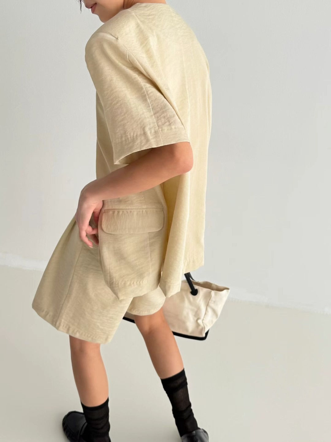 韓國MARIE MARIE棉麻西裝短褲 | 高腰寬鬆百搭休閒五分褲 Korean Linen Blend Tailored Shorts