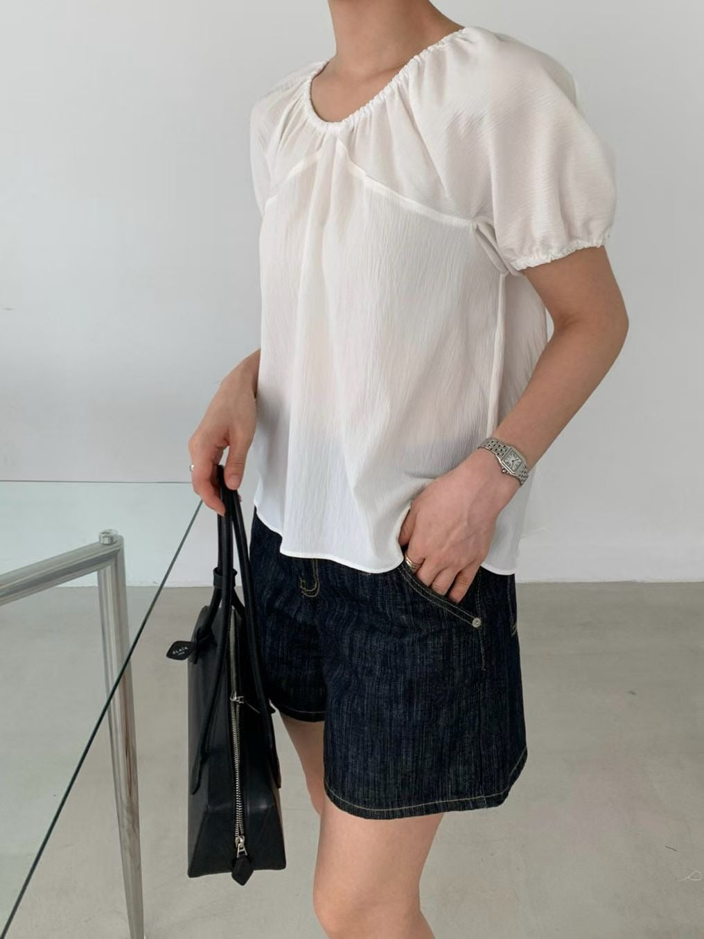 韓國 MOI 抽皺領泡泡袖上衣｜韓系輕盈寬鬆 Blouse Korean Puff Sleeve Top