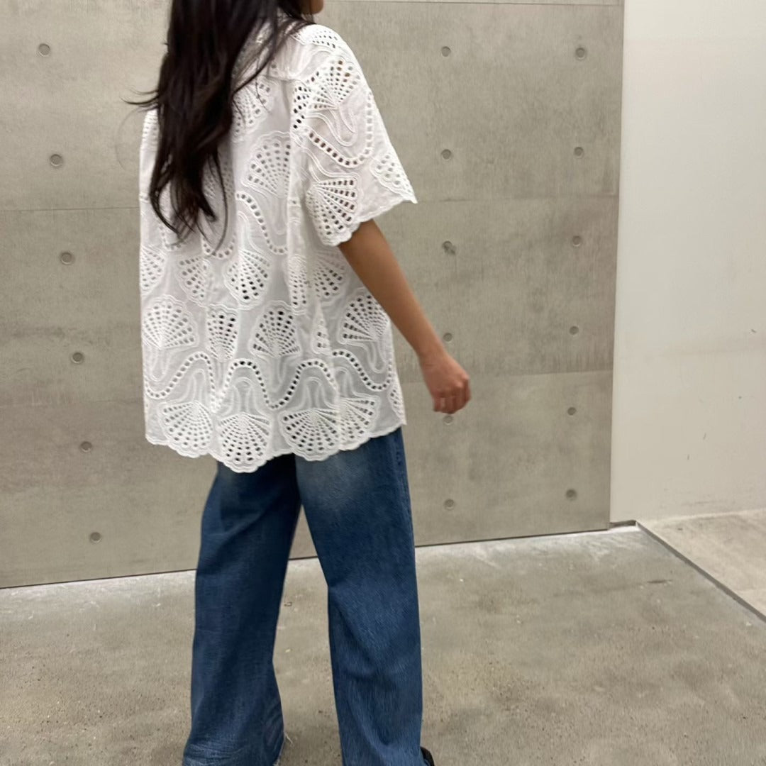 韓國白色鏤空刺繡短袖襯衫 | 貝殼圖案蕾絲薄外套 Korean Eyelet Cutwork Shirt