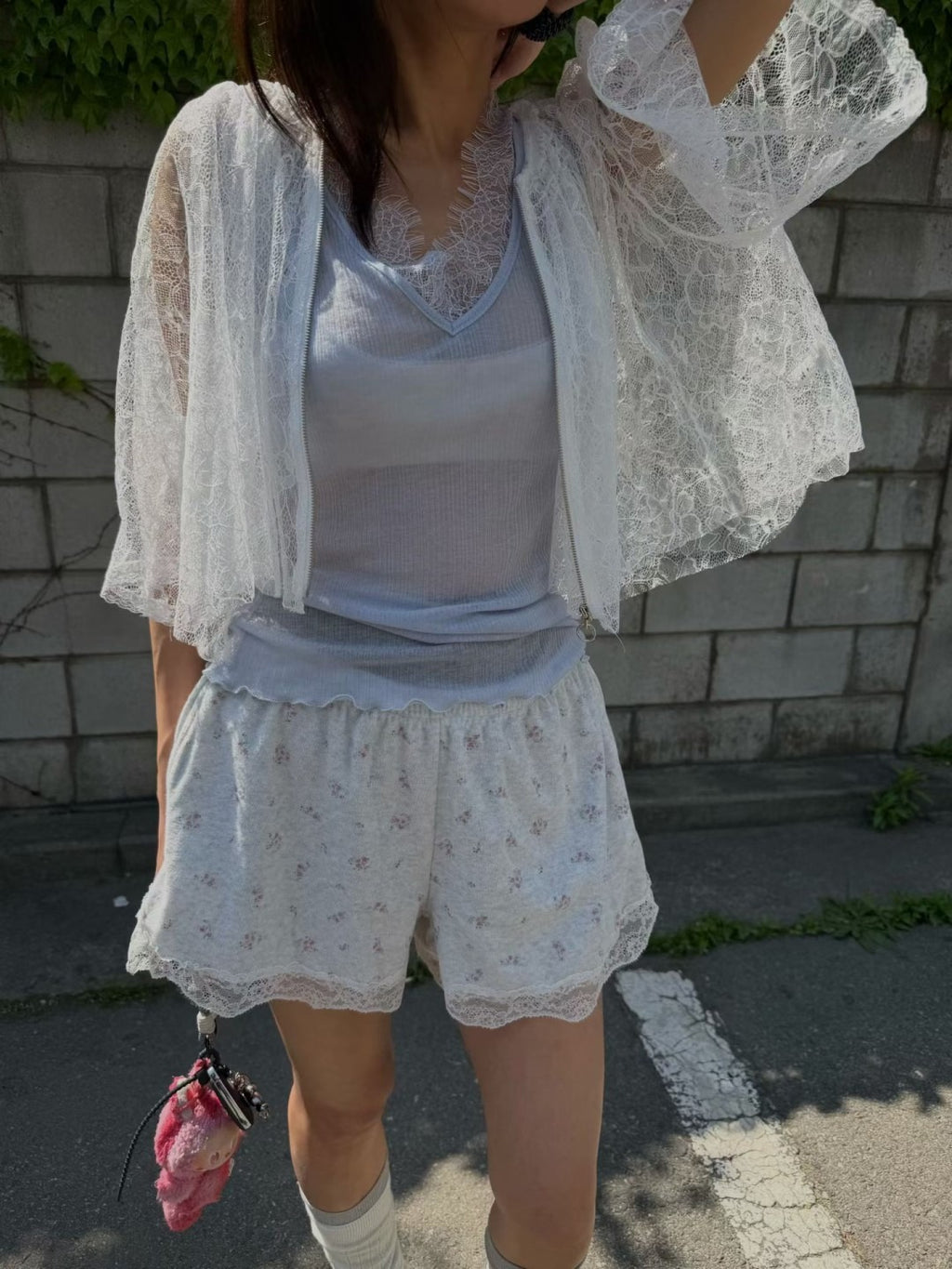 韓國FRANC透視蕾絲拉鍊短款外套 | 法式薄紗五分袖罩衫上衣 Korean Lace Zip-Up Sheer Jacket