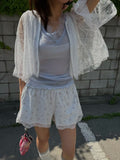 韓國FRANC透視蕾絲拉鍊短款外套 | 法式薄紗五分袖罩衫上衣 Korean Lace Zip-Up Sheer Jacket