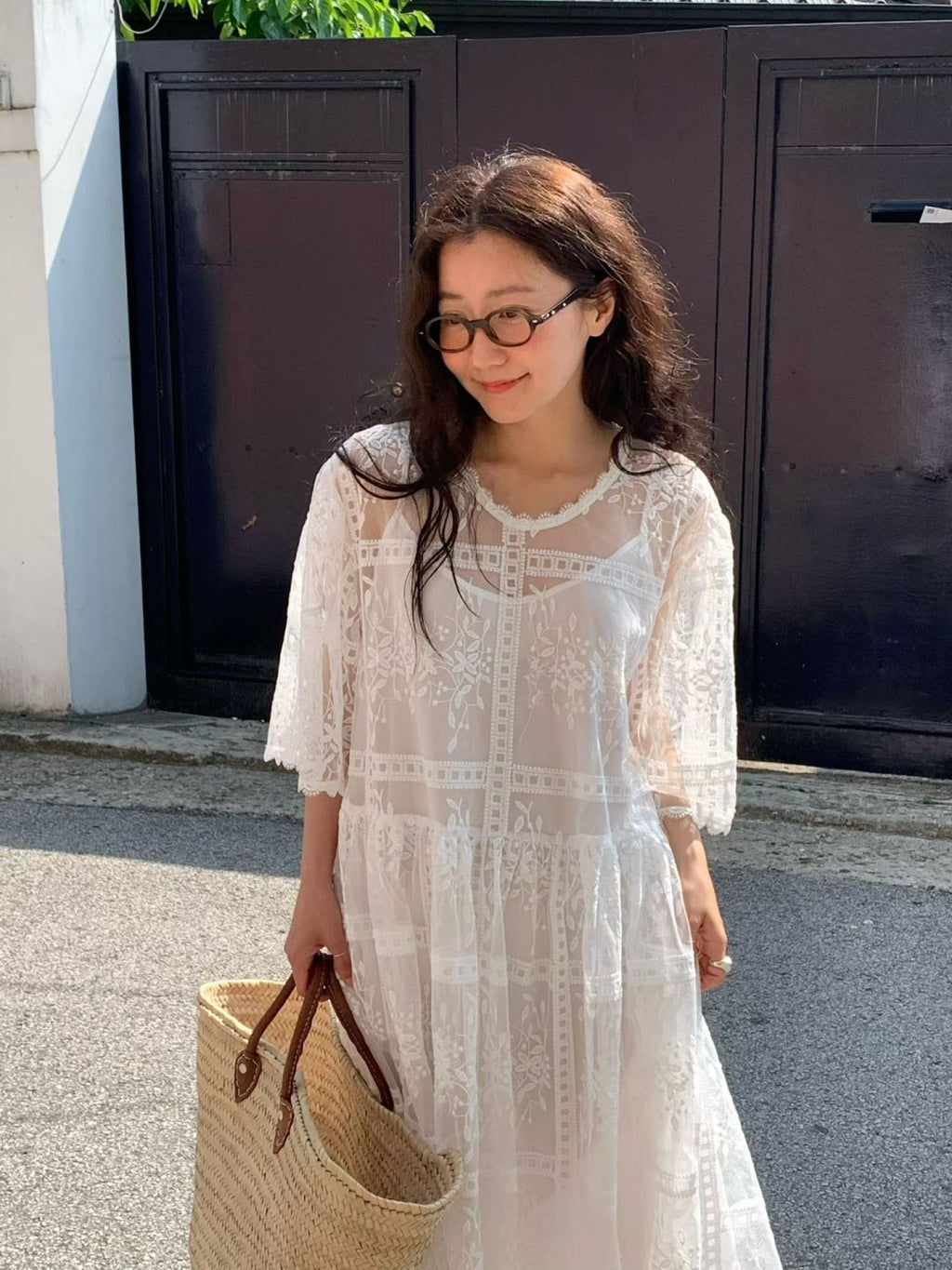 韓國 VENTI 花卉刺繡蕾絲透視連身裙｜韓系優雅層次感 Lace Overlay Dress