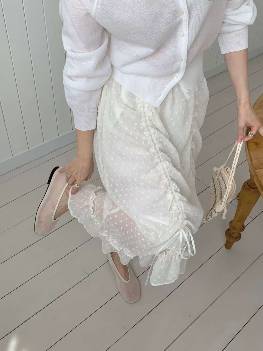 韓國CRONG波點薄紗抽繩半身裙 | 仙氣荷葉邊層次長裙 Korean Polka Dot Ruched Midi Skirt