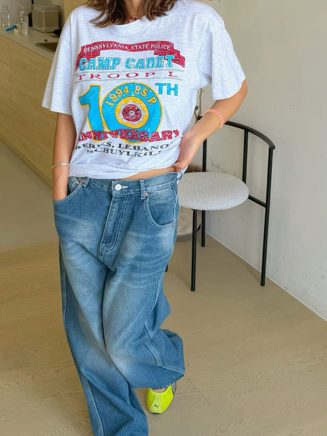 韓國PARIS MATCH復古美式印花寬鬆T恤 | 警隊紀念圖案短袖上衣 Oversized Vintage Graphic Tee