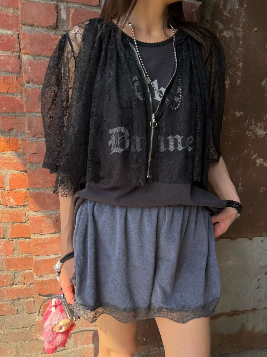 韓國FRANC透視蕾絲拉鍊短款外套 | 法式薄紗五分袖罩衫上衣 Korean Lace Zip-Up Sheer Jacket