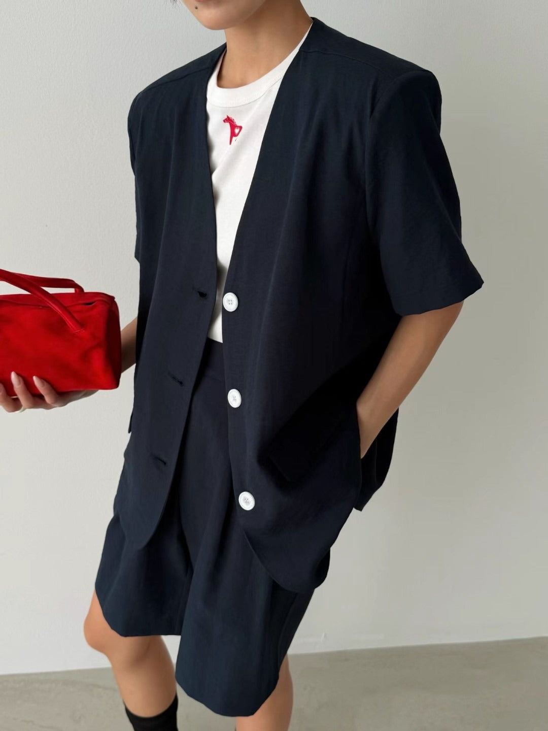韓國MARIE MARIE棉麻西裝短褲 | 高腰寬鬆百搭休閒五分褲 Korean Linen Blend Tailored Shorts