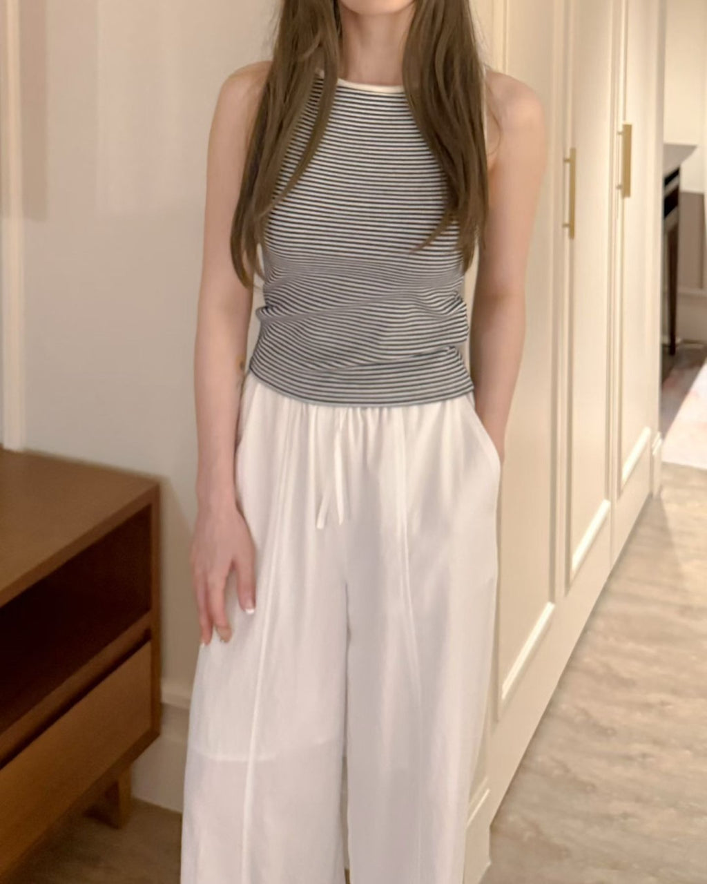韓國HABLE條紋挖背修身針織背心 | 一字領收腰顯瘦無袖上衣 Korean Striped Slim Fit Knit Tank