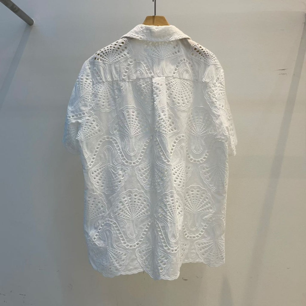 韓國白色鏤空刺繡短袖襯衫 | 貝殼圖案蕾絲薄外套 Korean Eyelet Cutwork Shirt