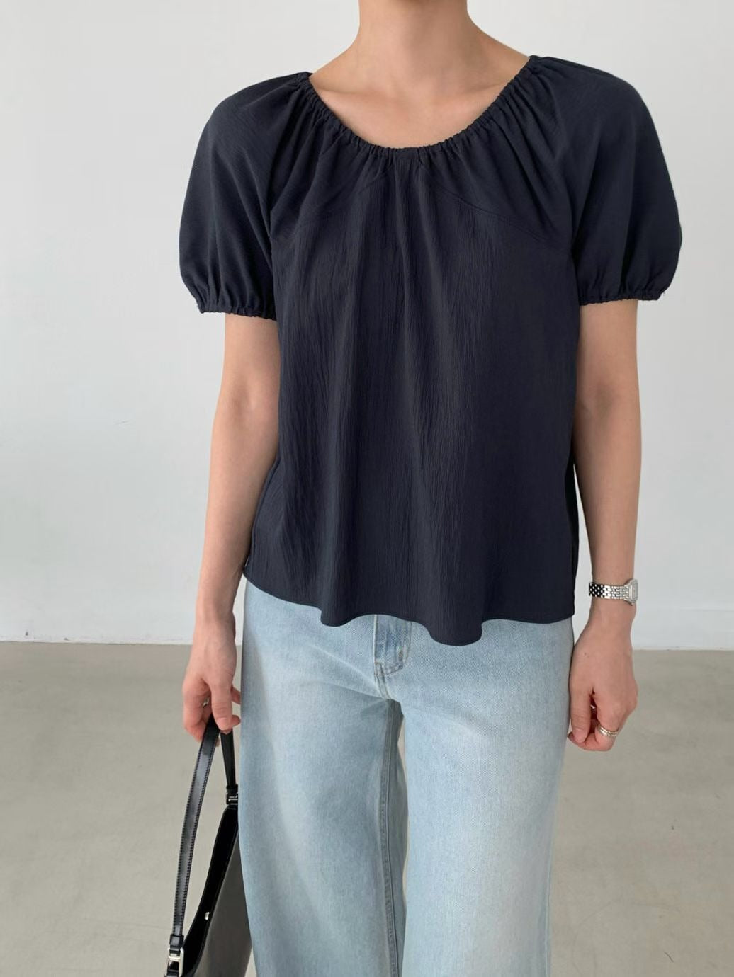 韓國 MOI 抽皺領泡泡袖上衣｜韓系輕盈寬鬆 Blouse Korean Puff Sleeve Top