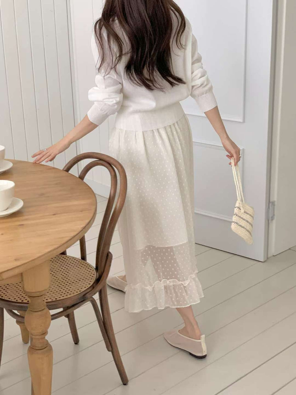 韓國CRONG波點薄紗抽繩半身裙 | 仙氣荷葉邊層次長裙 Korean Polka Dot Ruched Midi Skirt