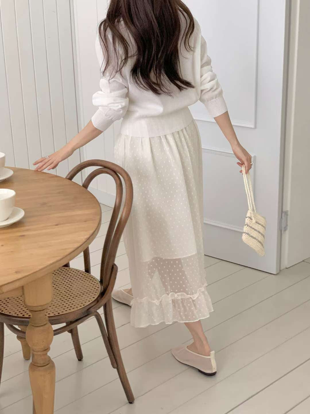 韓國CRONG波點薄紗抽繩半身裙 | 仙氣荷葉邊層次長裙 Korean Polka Dot Ruched Midi Skirt