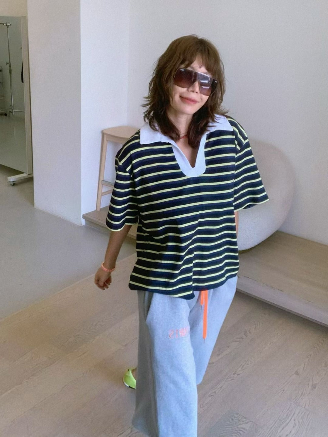Paris Match經典條紋Polo領寬版上衣 | 韓系慵懶翻領短袖T恤 Korean Oversized Striped Polo Shirt
