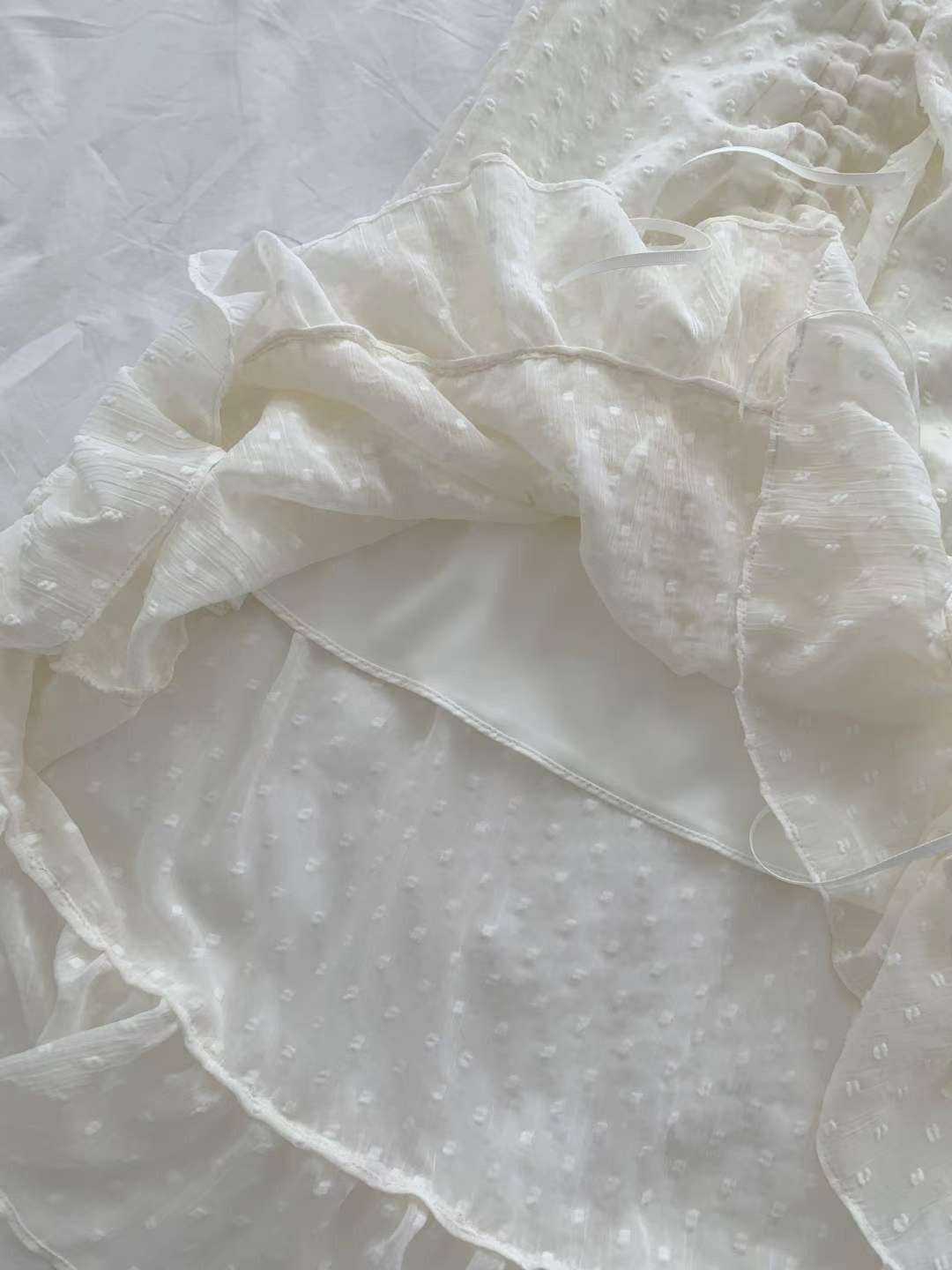 韓國CRONG波點薄紗抽繩半身裙 | 仙氣荷葉邊層次長裙 Korean Polka Dot Ruched Midi Skirt