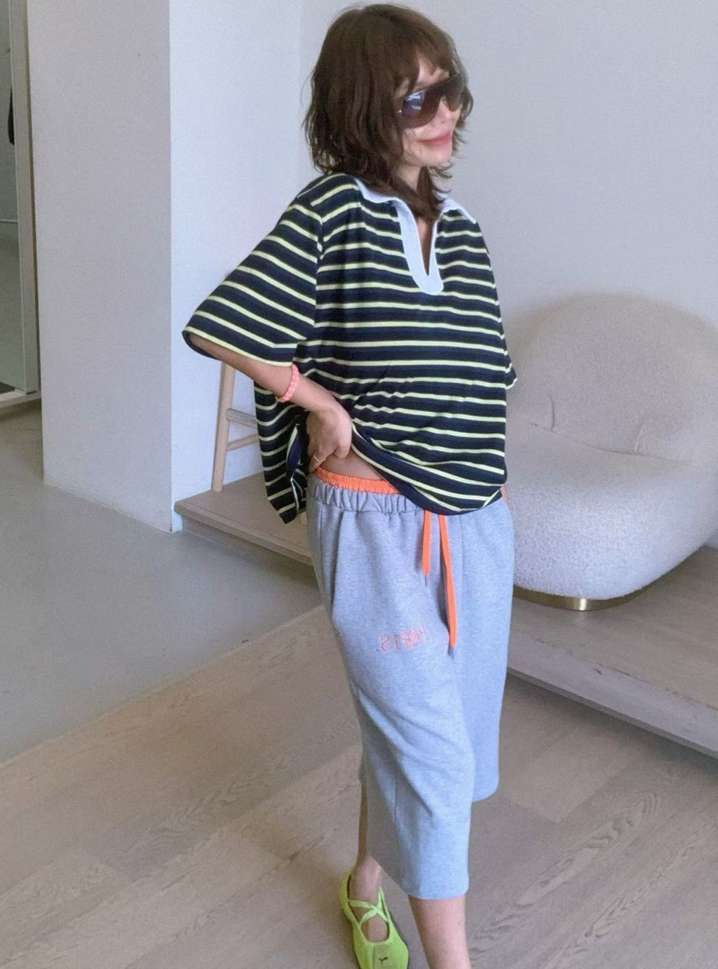 Paris Match經典條紋Polo領寬版上衣 | 韓系慵懶翻領短袖T恤 Korean Oversized Striped Polo Shirt