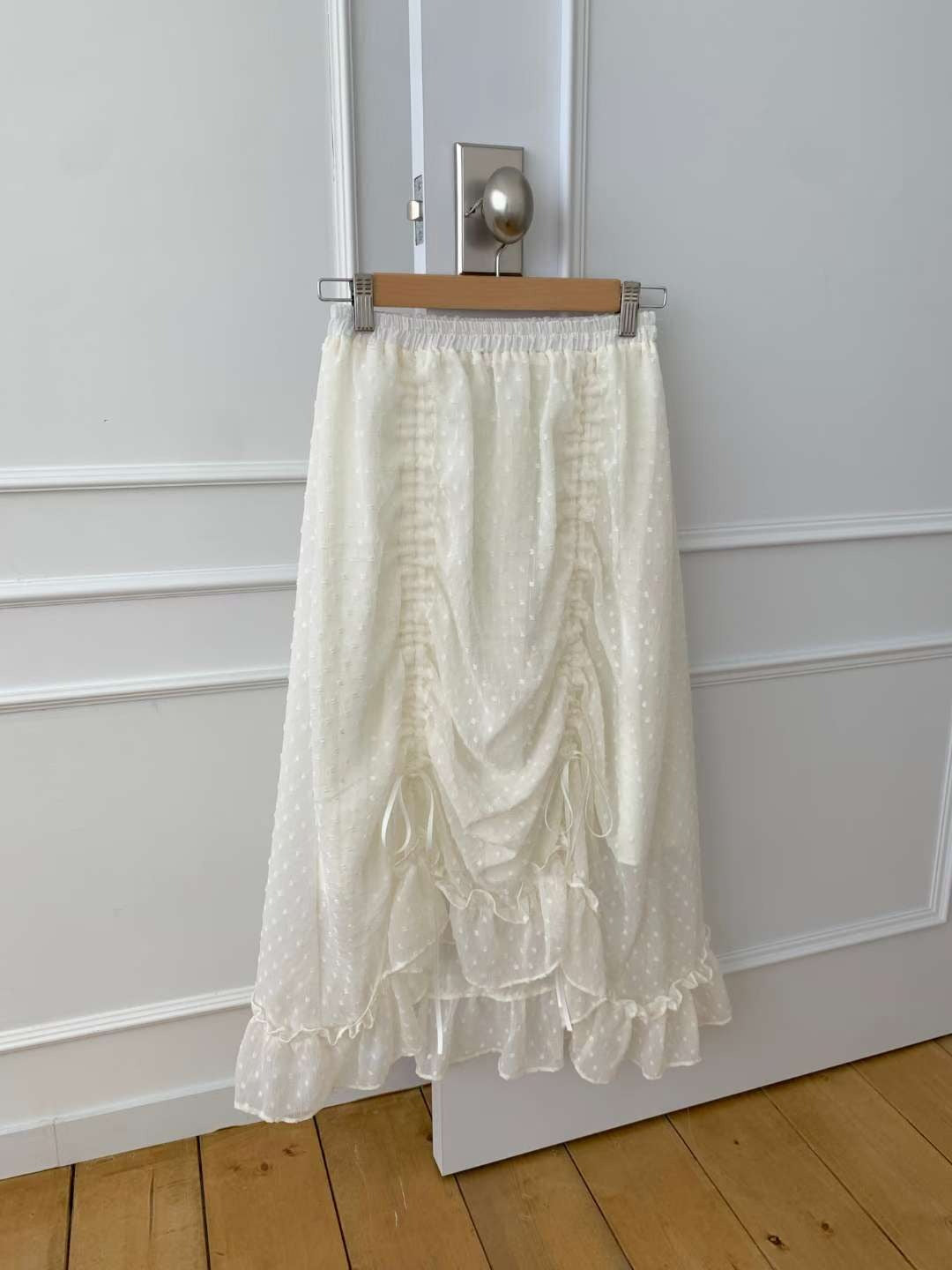韓國CRONG波點薄紗抽繩半身裙 | 仙氣荷葉邊層次長裙 Korean Polka Dot Ruched Midi Skirt