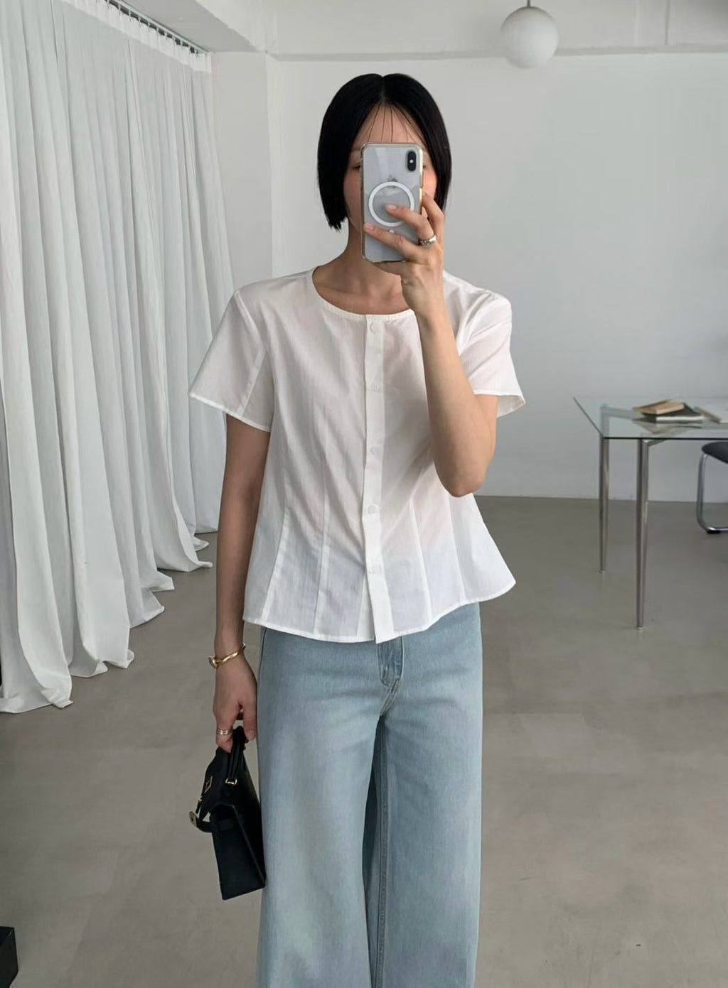 韓國 MOI 圓領排扣短袖上衣｜韓系俐落修身 Blouse Korean Button Front Top