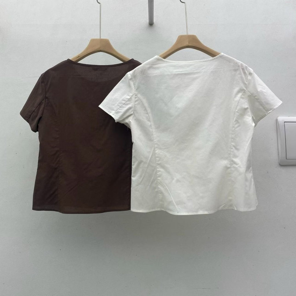 韓國 MOI 圓領排扣短袖上衣｜韓系俐落修身 Blouse Korean Button Front Top