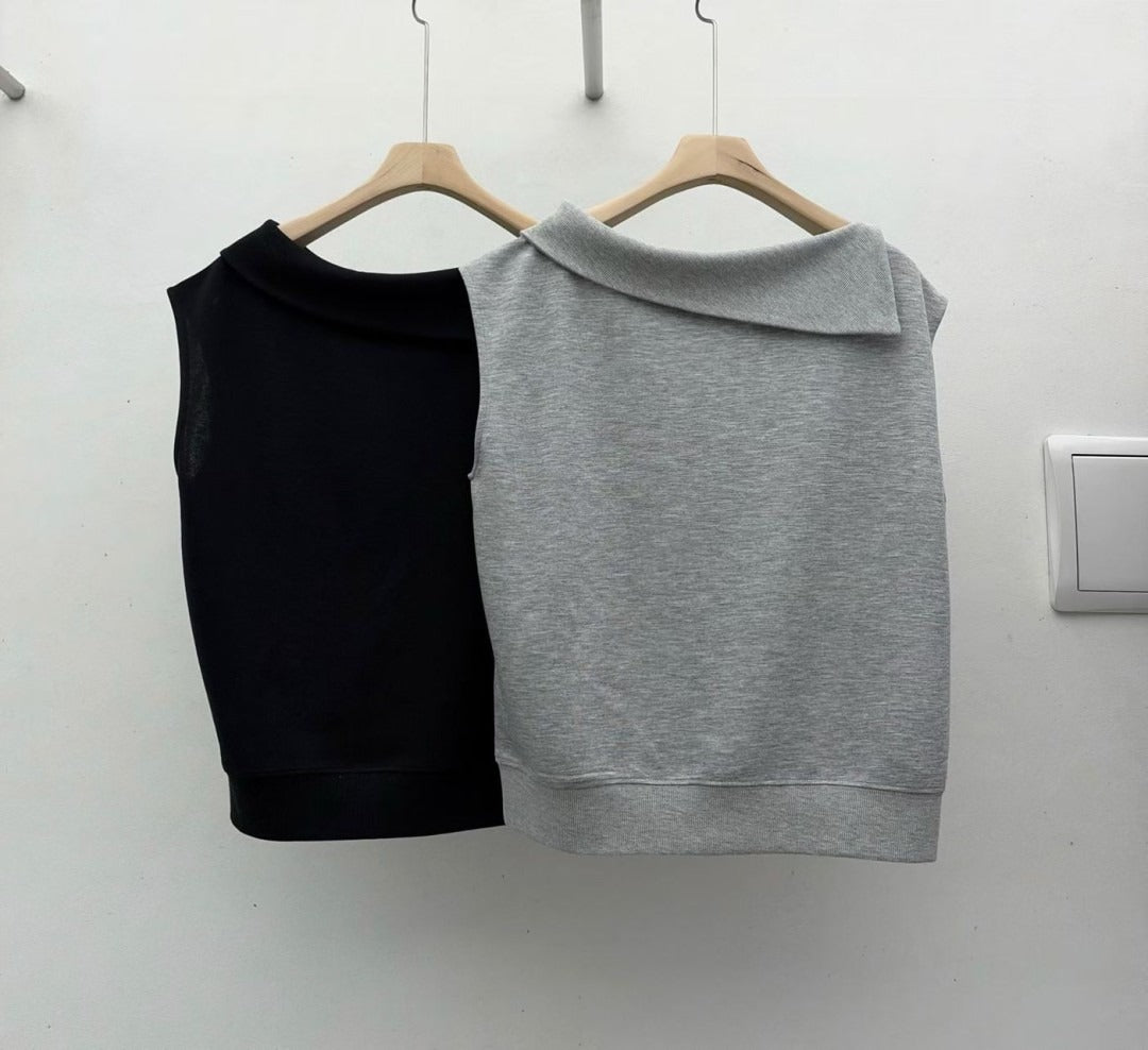 韓國翻領斜肩針織上衣｜韓系輕熟無袖上衣 Fold-Over Collar Knit Top