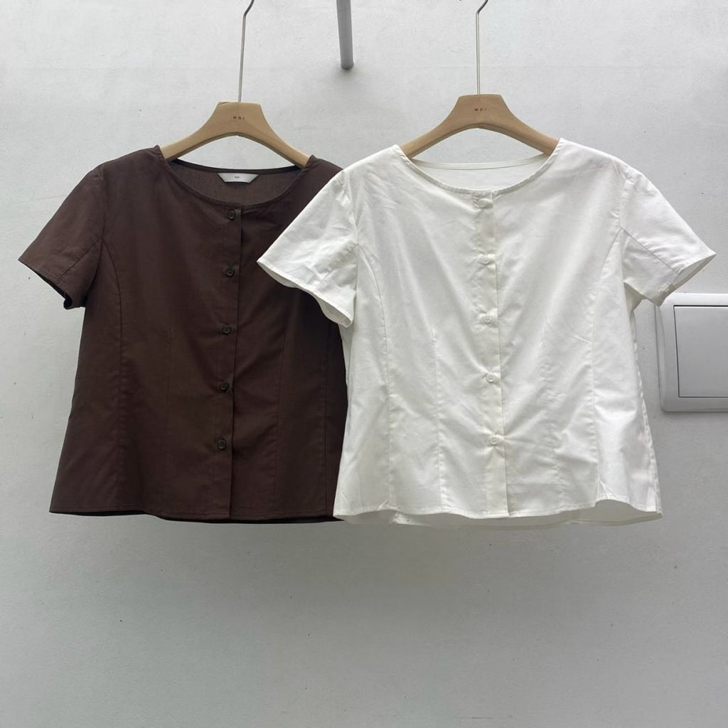 韓國 MOI 圓領排扣短袖上衣｜韓系俐落修身 Blouse Korean Button Front Top