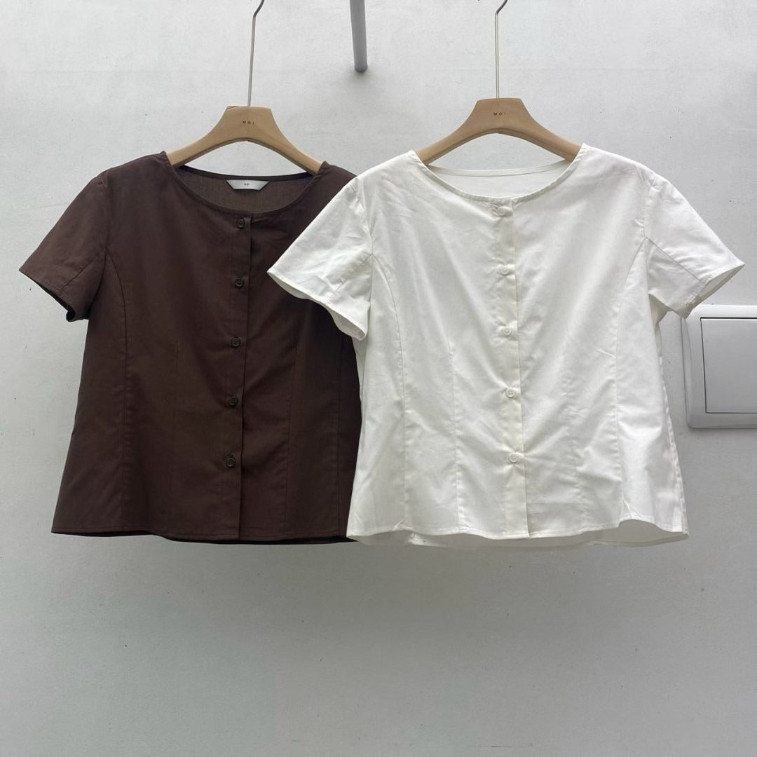 韓國 MOI 圓領排扣短袖上衣｜韓系俐落修身 Blouse Korean Button Front Top
