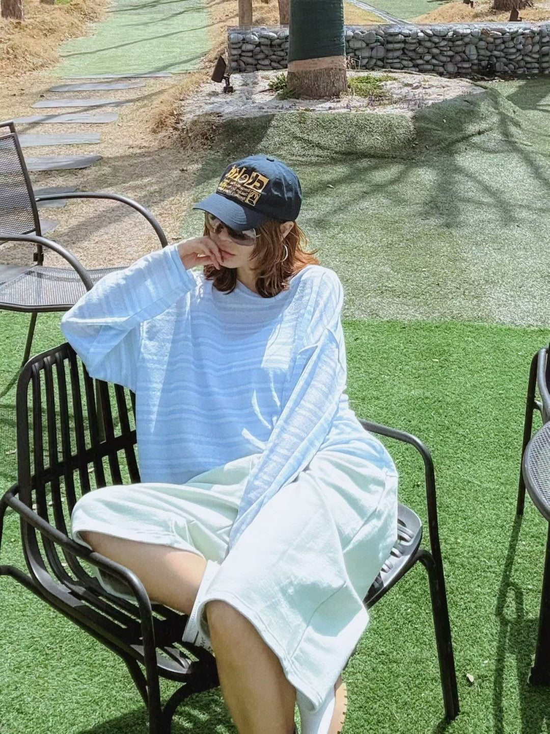 Paris Match法式條紋寬版長袖上衣 | 韓系慵懶圓領T恤 Korean Oversized Striped Long Sleeve Top