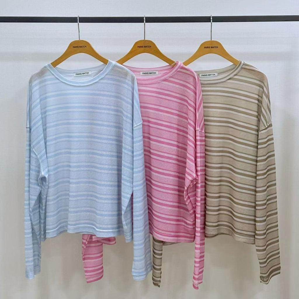 Paris Match法式條紋寬版長袖上衣 | 韓系慵懶圓領T恤 Korean Oversized Striped Long Sleeve Top